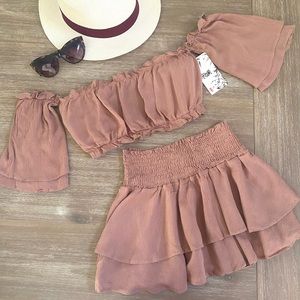 Isla Posh Summer Set Mini Skirt Off Shoulder Top in Dusty Pink
